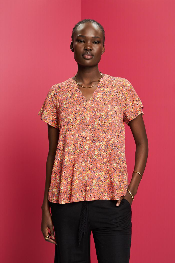Patterned blouse, LENZING™ ECOVERO™, CORAL ORANGE, detail image number 0