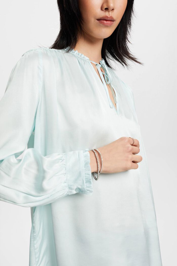 Satin blouse with ruffled edges, LIGHT AQUA GREEN, detail image number 2