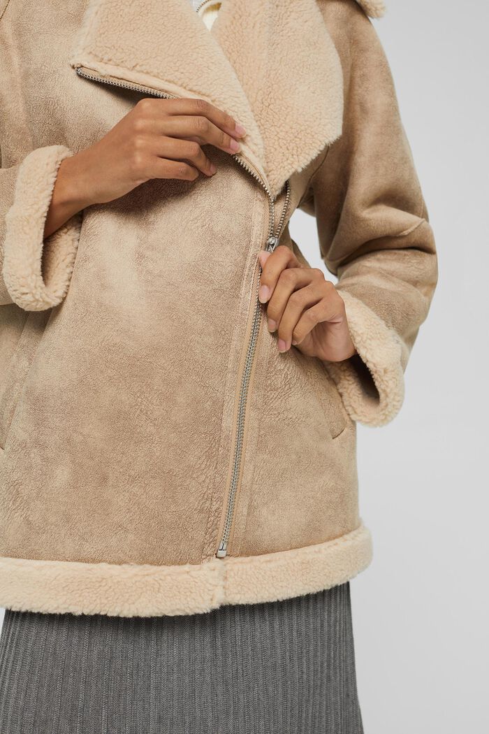 Wool blend: Faux shearling biker jacket, SAND, detail image number 5