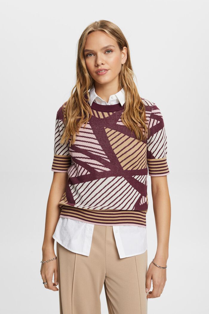Short-sleeved jacquard jumper, organic cotton, AUBERGINE, detail image number 0