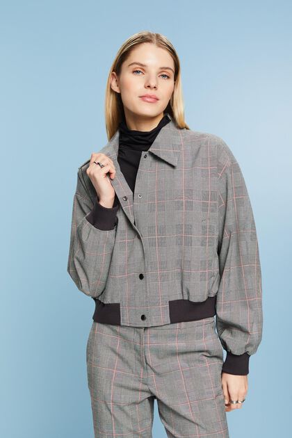 Checked Cropped Bomber Jacket