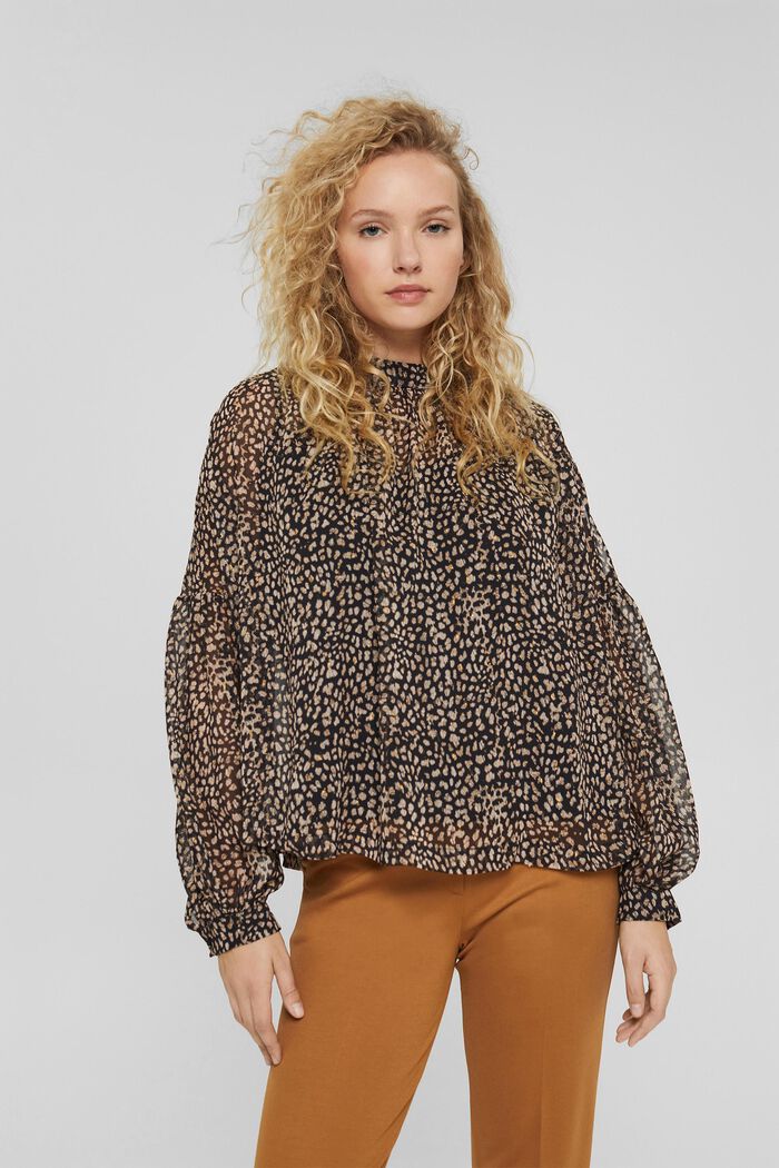 Made of recycled material: leopard blouse with shoulder slits, BLACK, detail image number 0