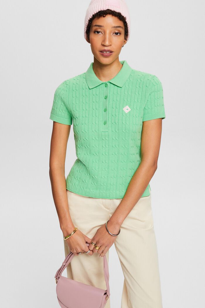 Cable-Knit Polo Shirt, LIGHT GREEN, detail image number 0