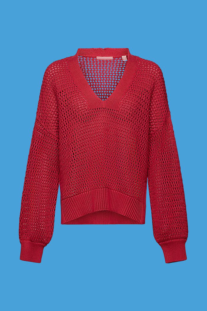 Sustainable cotton V-neck mesh jumper, DARK PINK, detail image number 6