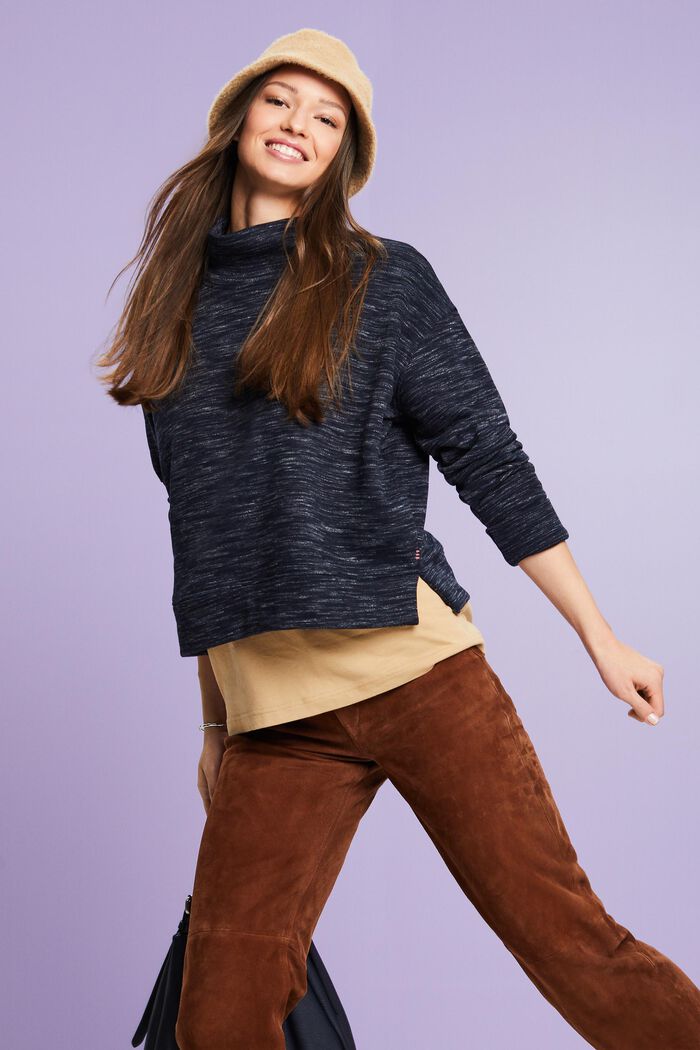 Cotton Blend High Collar Sweatshirt, NAVY, detail image number 0
