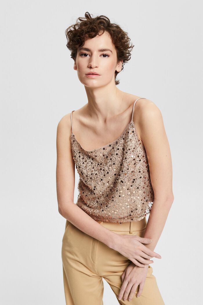 Cropped top with sequins and beads, LIGHT TAUPE, overview