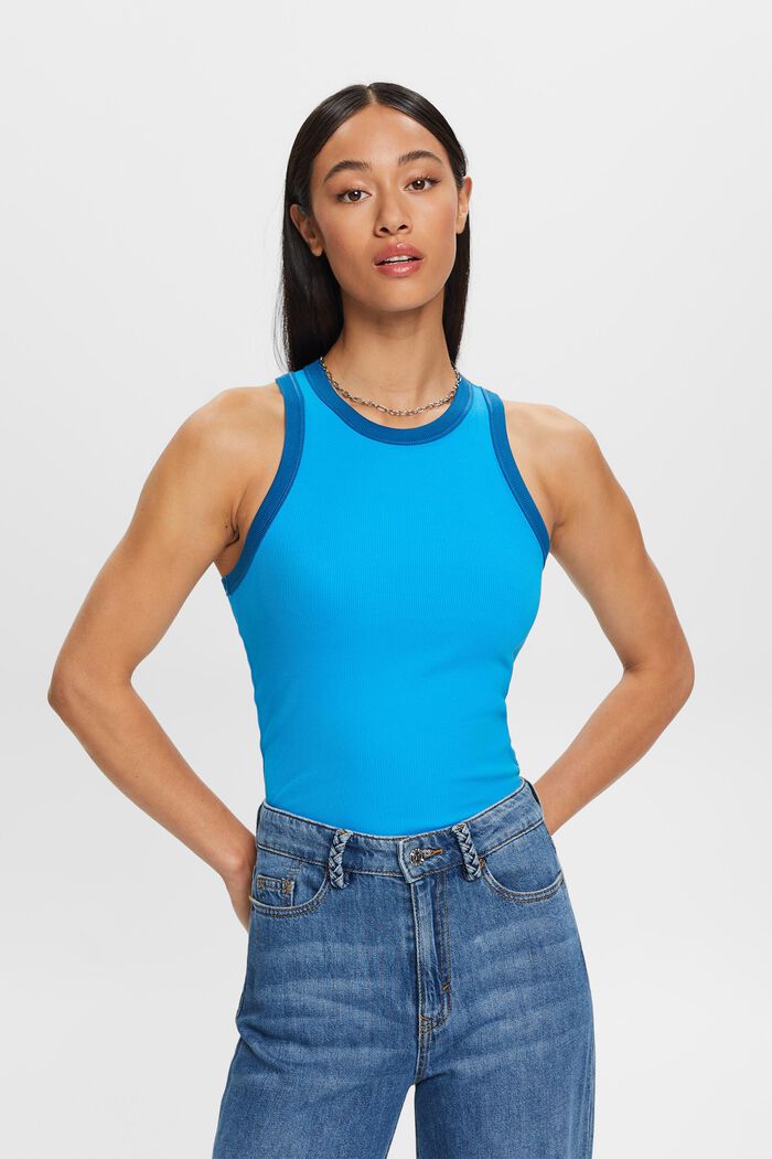 Ribbed jersey tank top, stretch cotton, BLUE, detail image number 0