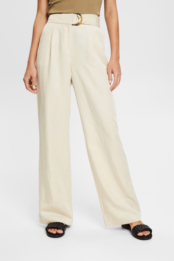 Linen blend: wide-leg trousers with belt, LIGHT BEIGE, detail image number 0