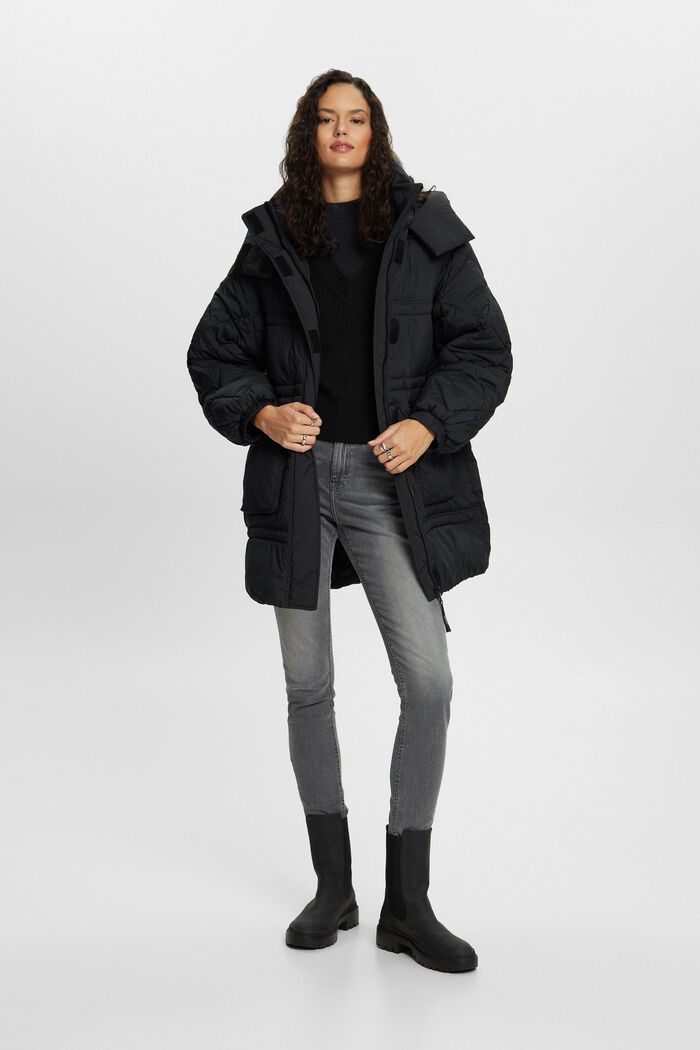 Recycled: quilted coat with hood, BLACK, detail image number 1