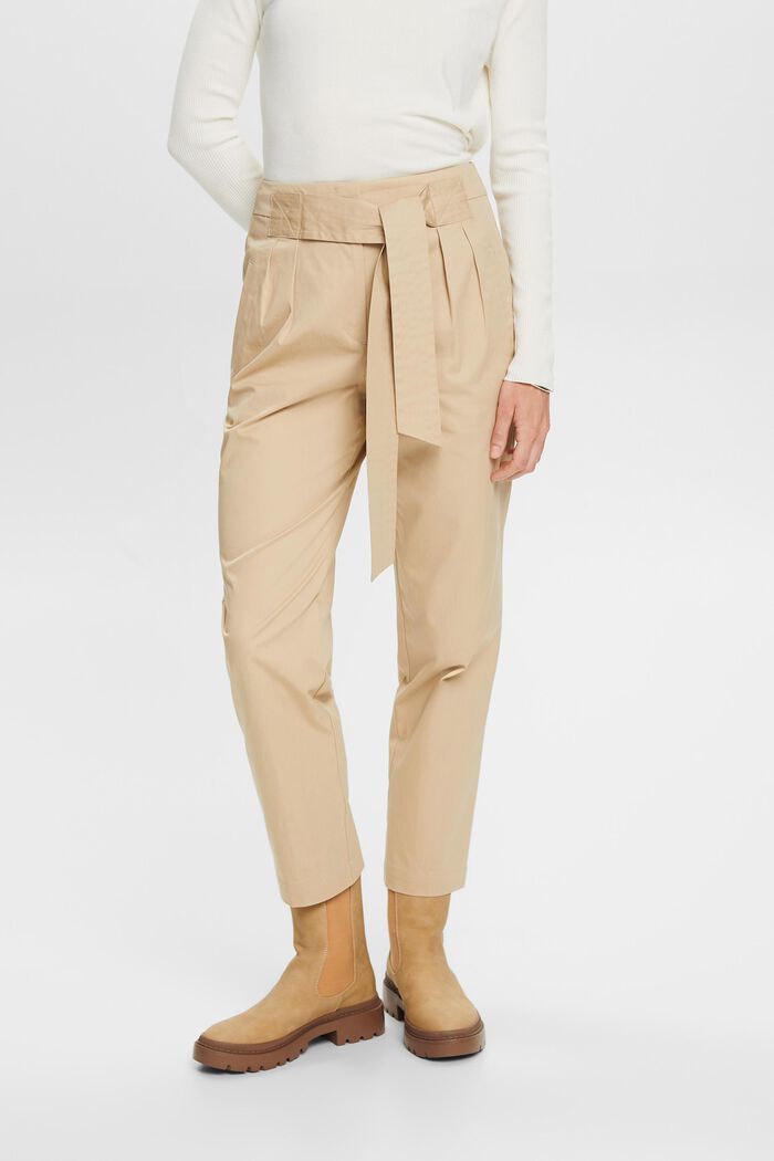 Chino trousers with a fixed tie belt, 100% cotton, SAND, detail image number 0
