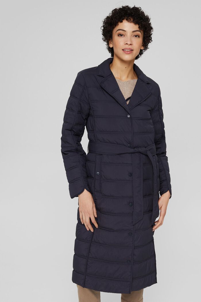 Recycled: Quilted coat with tie-around belt, NAVY, detail image number 0