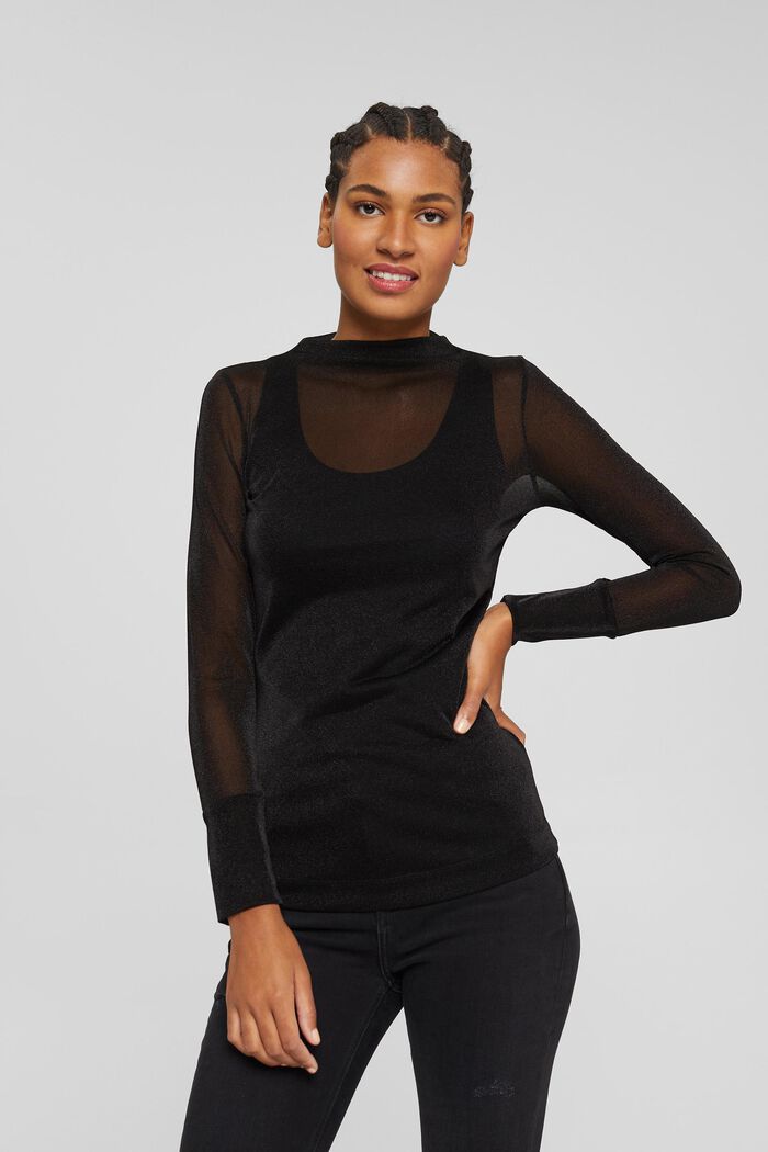 Semi-sheer long sleeve top with glitter, BLACK, detail image number 0