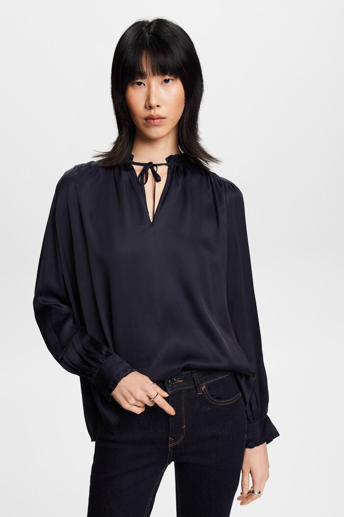Satin blouse with ruffled edges, NAVY, detail image number 0