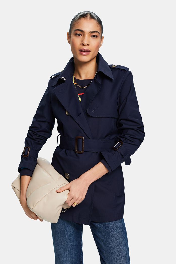 Short Double-Breasted Trench Coat, NAVY, detail image number 0