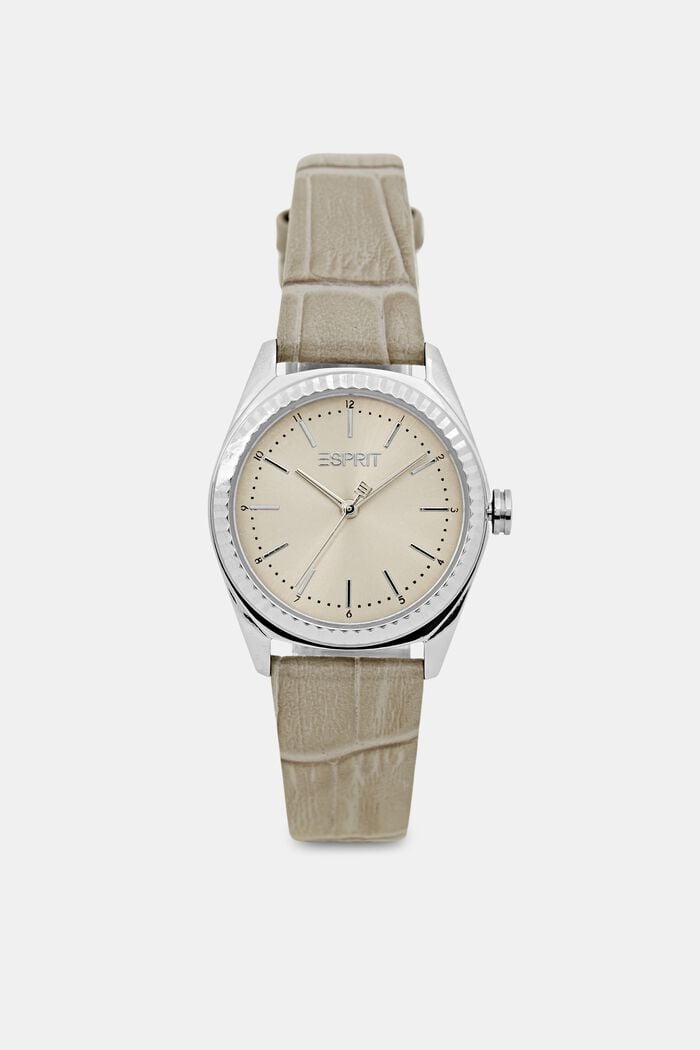 Stainless steel watch with a textured leather strap, GREY, detail image number 0