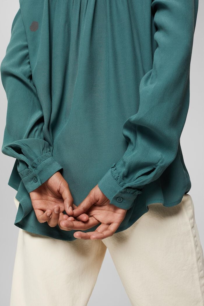 Henley blouse with frills, LENZING™ ECOVERO™, TEAL BLUE, detail image number 5