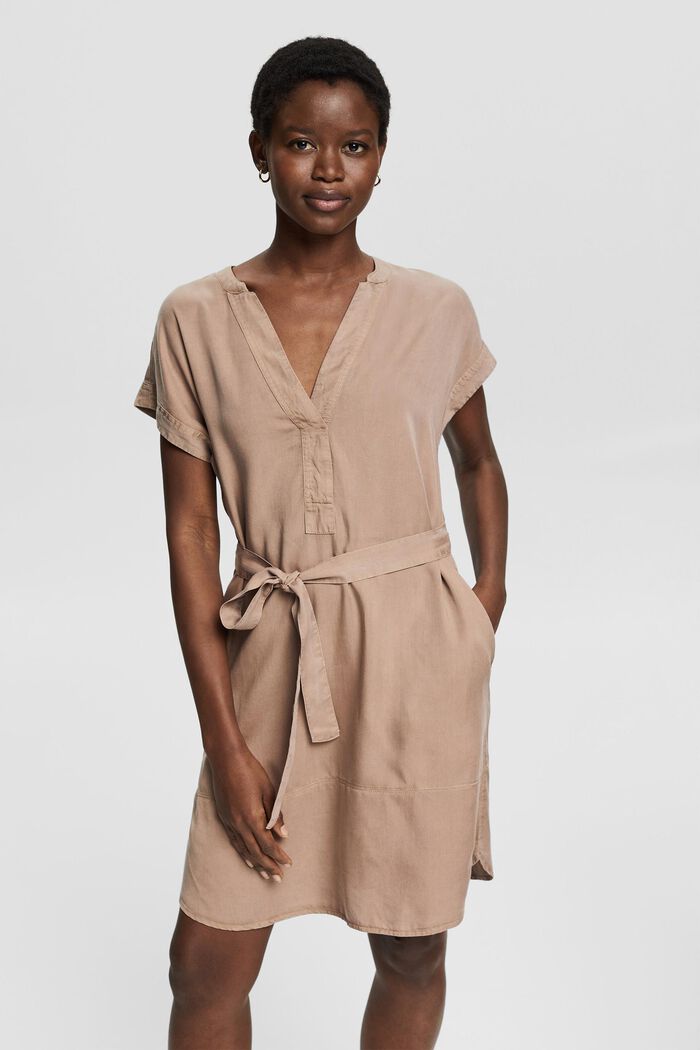 Made of TENCEL™:  tunic dress with a belt, TAUPE, detail image number 0