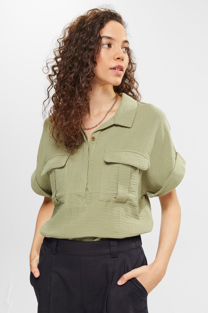Blouse with a crinkle finish, LIGHT KHAKI, overview