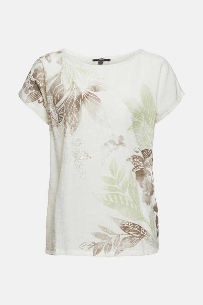With linen: Material mix top with a print, LIGHT BEIGE, overview