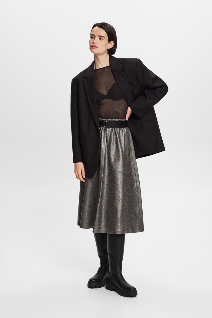 Metallic faux leather midi skirt, GUNMETAL, detail image number 6