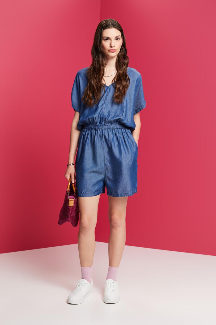 Short jumpsuit in a jeans look, TENCEL™, BLUE MEDIUM WASHED, detail image number 1