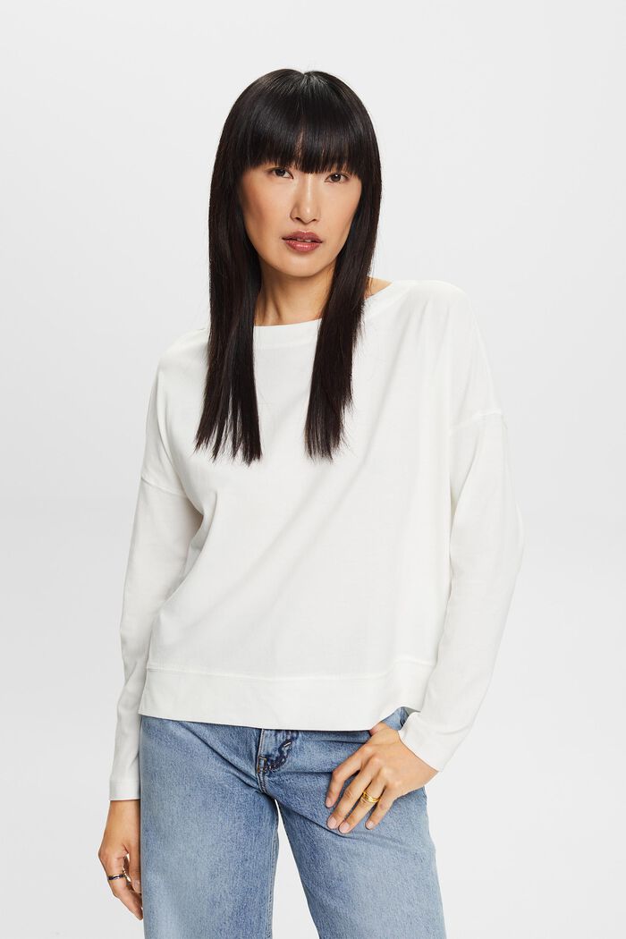 Cotton Longsleeve Top, OFF WHITE, detail image number 1