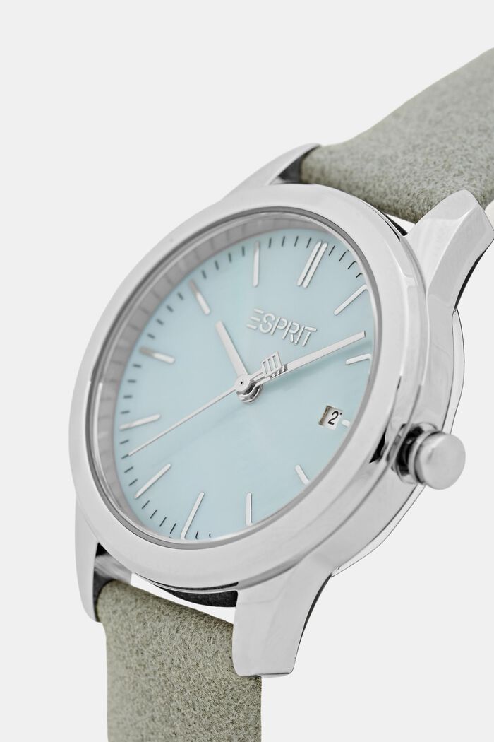 Stainless steel watch with a faux leather strap, GREY, detail image number 1