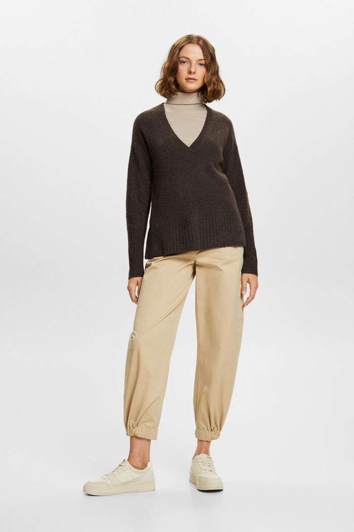 Wool Blend V-Neck Sweater, DARK BROWN, detail image number 4