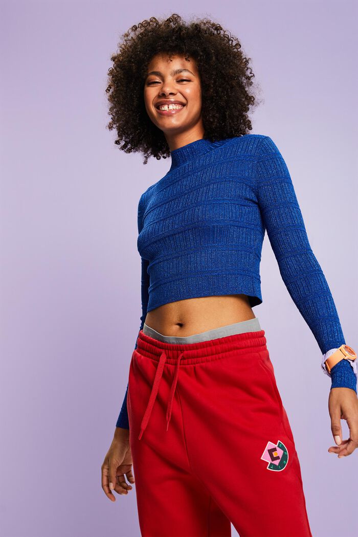 Cropped Lamé Mockneck Sweater, BRIGHT BLUE, detail image number 4