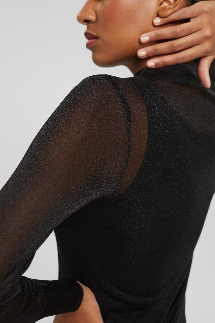 Semi-sheer long sleeve top with glitter, BLACK, detail image number 2
