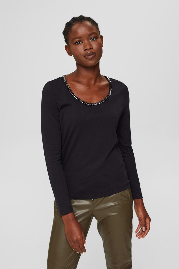 With TENCEL™: long sleeve top with a decorative chain, BLACK, detail image number 0