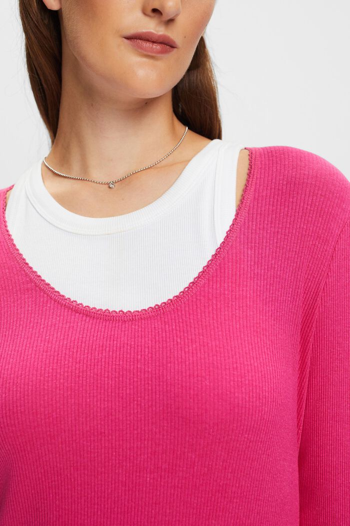 Rib-Knit Jersey Longsleeve Top, PINK FUCHSIA, detail image number 1