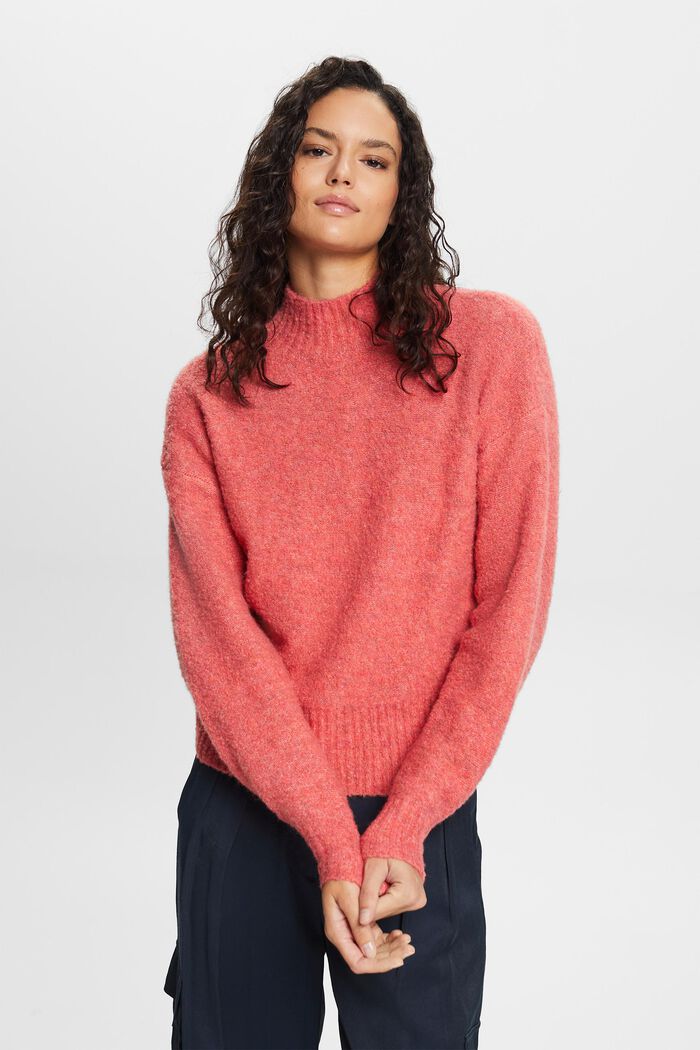 Fuzzy Mock Neck Sweater, CORAL RED, detail image number 1