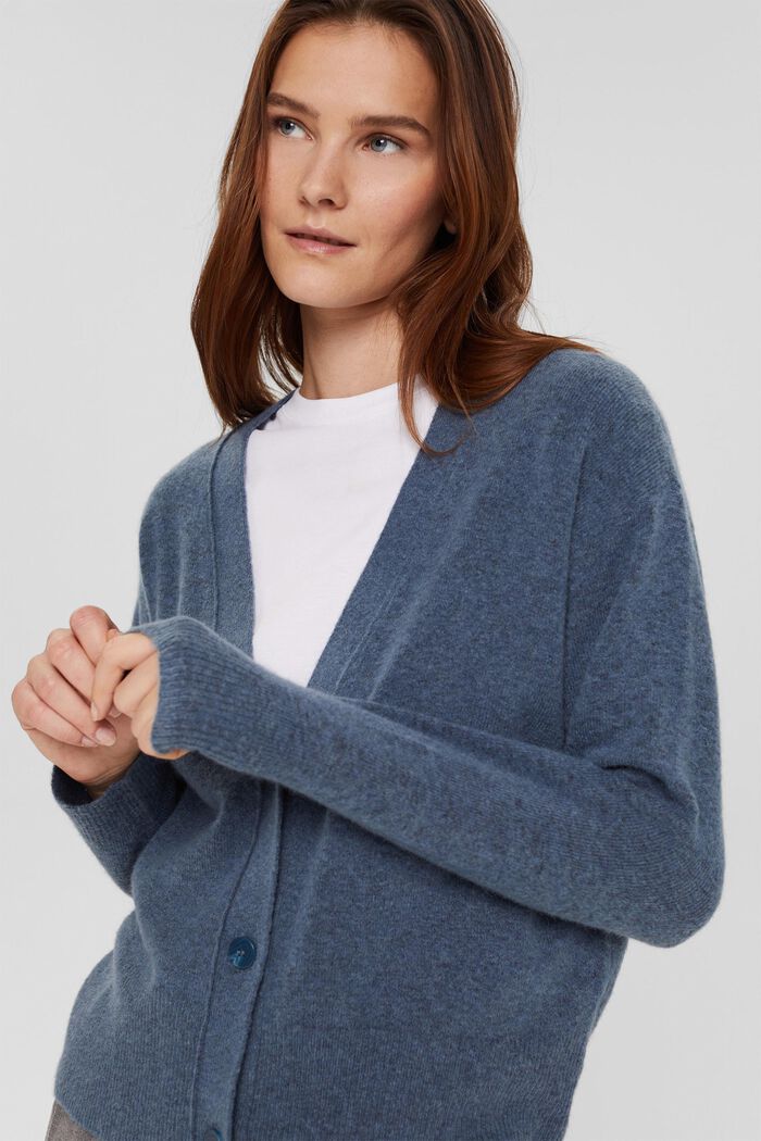 With llama wool: V-neck cardigan, PETROL BLUE, overview