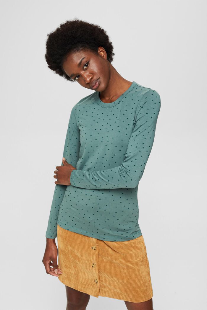 Organic cotton long sleeve top with a star print, TEAL BLUE, detail image number 0