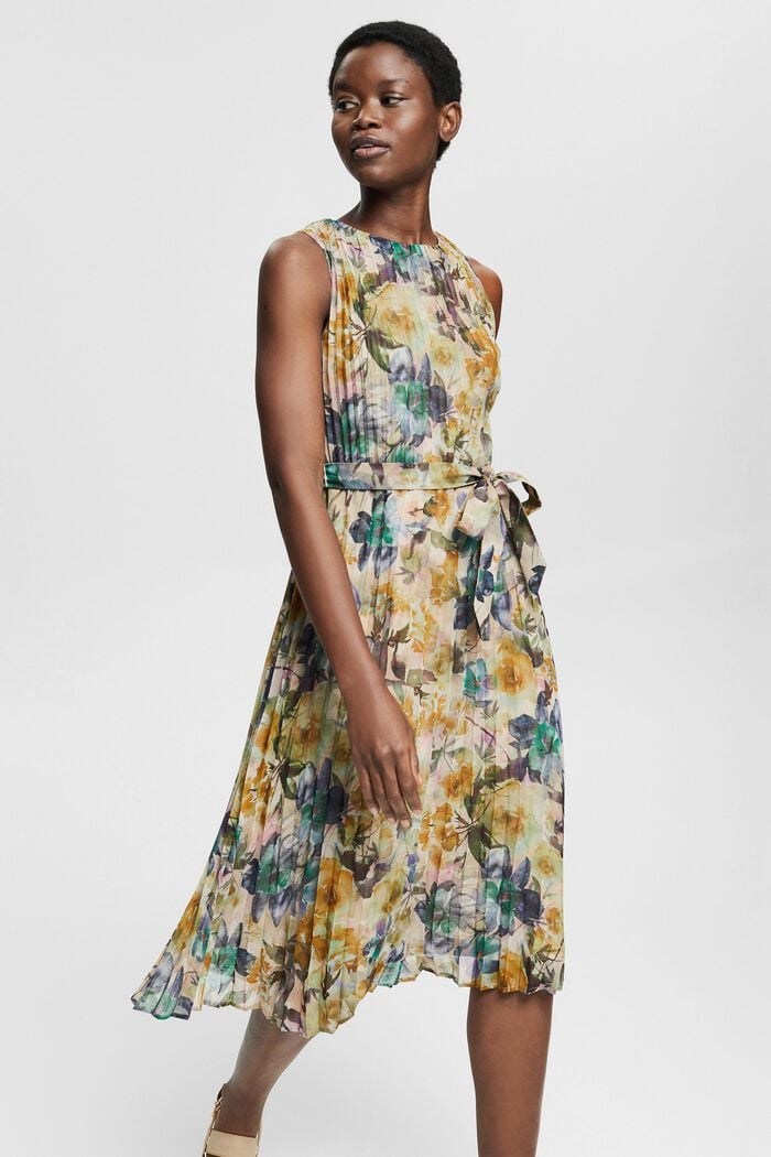 Made of recycled material: pleated dress with a floral print, OFF WHITE, detail image number 0