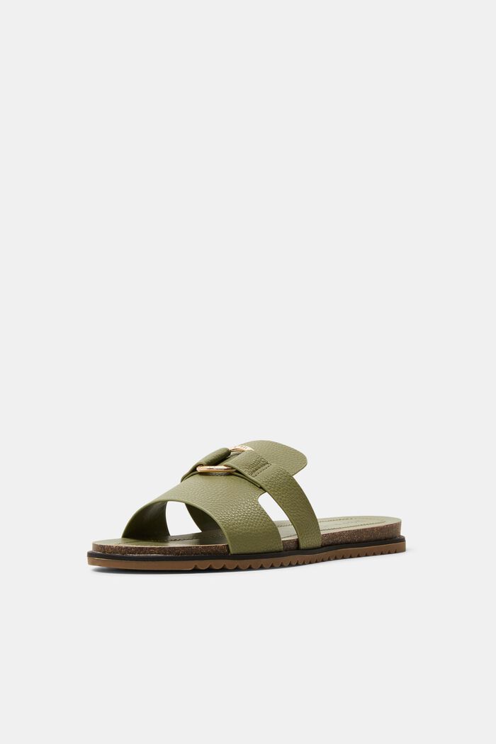 Faux leather sliders with ring detail, KHAKI GREEN, detail image number 2