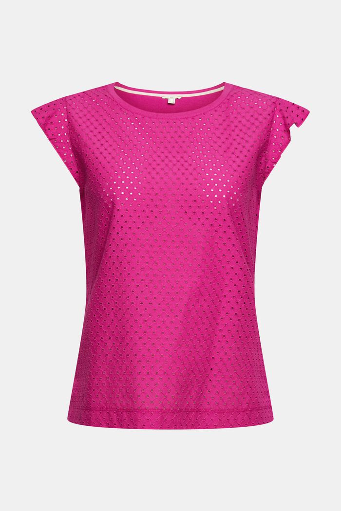 T-shirt with broderie anglaise, organic cotton, PINK FUCHSIA, overview