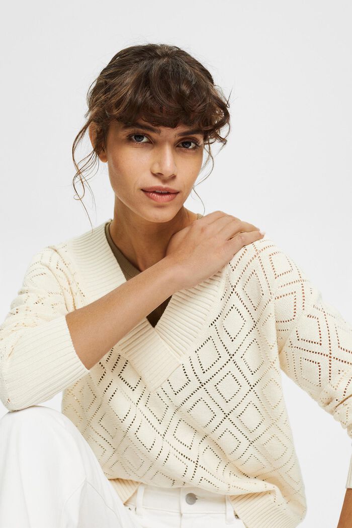 With linen: Jumper with an openwork pattern, OFF WHITE, detail image number 5