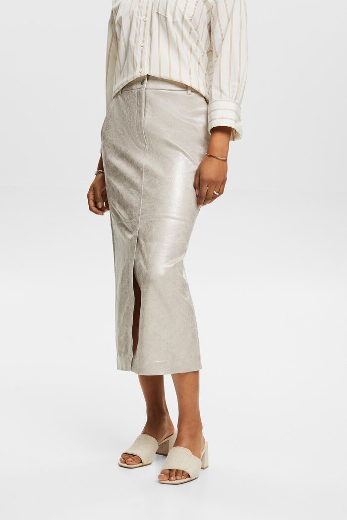 Coated Metallic Midi Skirt, LIGHT GREY, detail image number 0