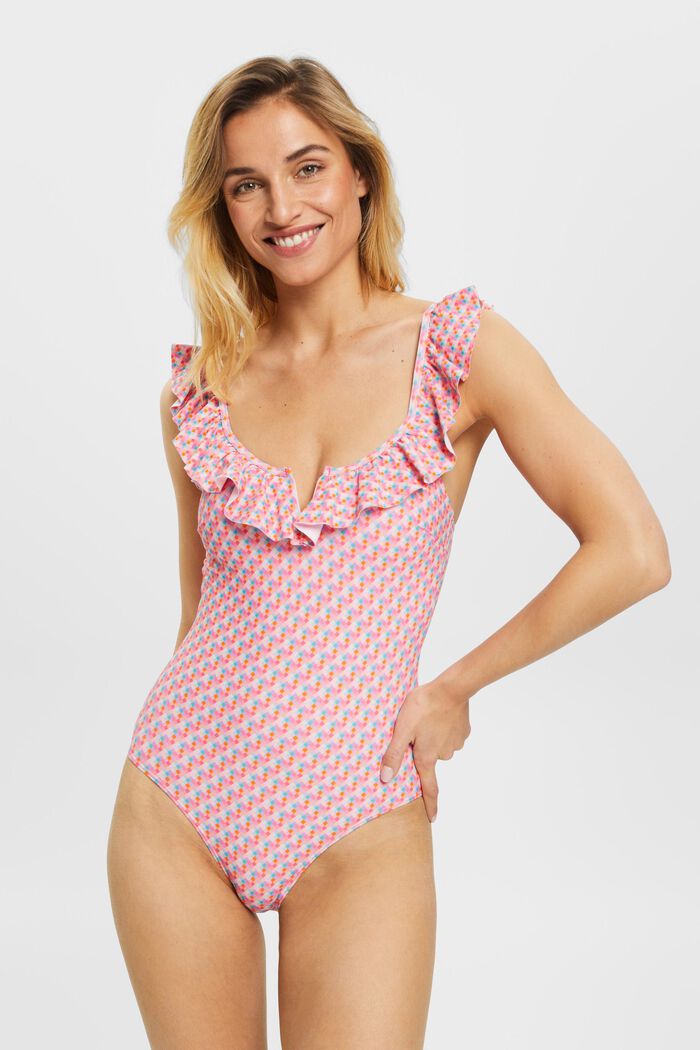 Padded swimsuit with frilly trim, PINK FUCHSIA, detail image number 0