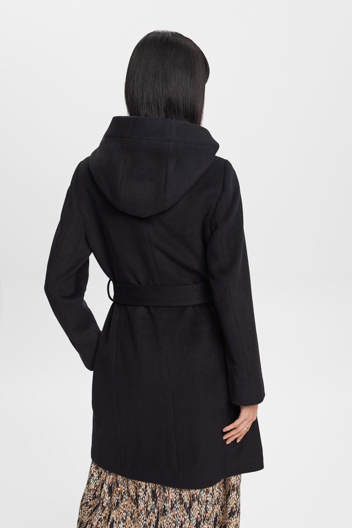 Recycelt: hooded wool blend coat with belt, BLACK, detail image number 3