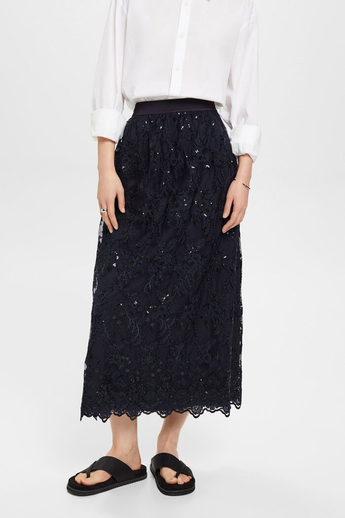 Midi skirt with embroidered flowers, NAVY, detail image number 0