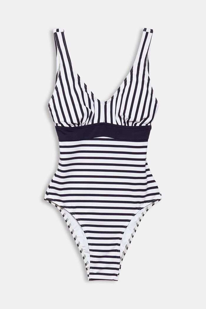 Recycled: padded striped swimsuit, NAVY, overview