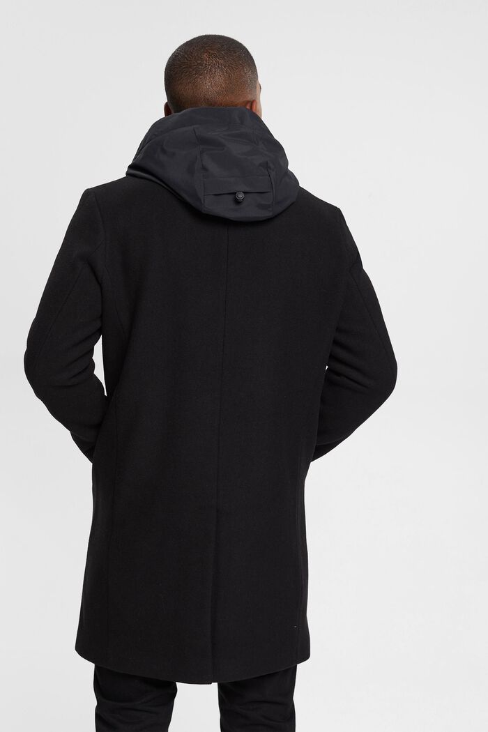 Wool blend coat with detachable hood, BLACK, detail image number 3