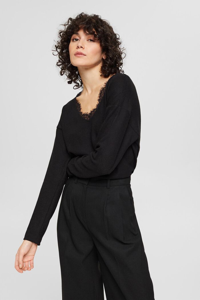 Long sleeve top with lace details, BLACK, detail image number 0