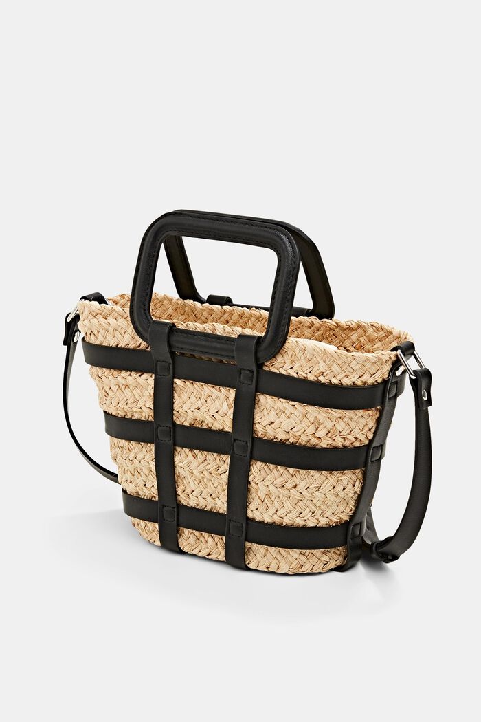 Straw bag with faux leather elements, BLACK, detail image number 2
