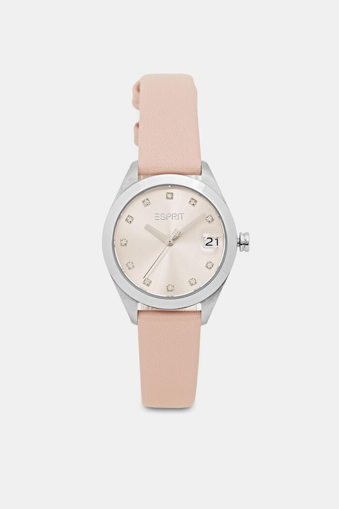 Watch with a leather strap and date display, PINK, overview