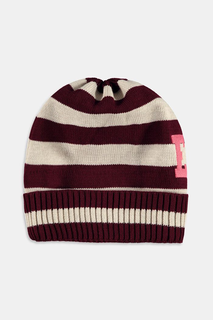 Striped knit beanie hat with embroidered letter, BORDEAUX RED, detail image number 1