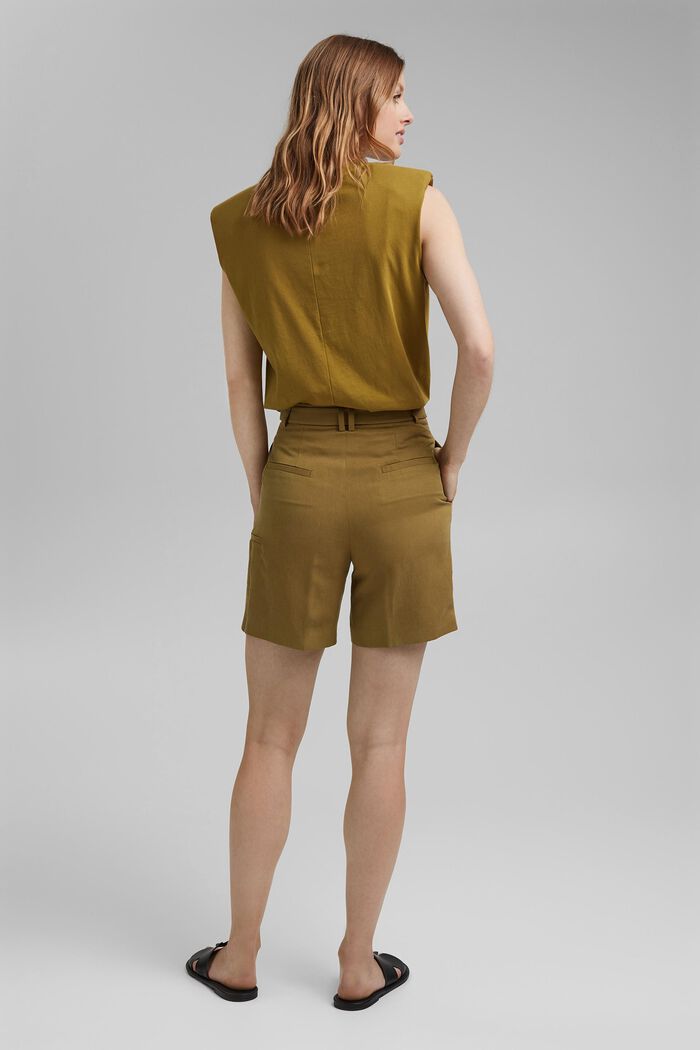 Linen blend: high-waisted shorts with belt, OLIVE, detail image number 3